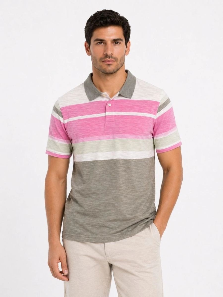 Fantastik Store Erkek Flamlı Penye Çizgili Polo Yaka Tişört Kısa Kol Yazlık T-Shirt - Gri görsel 3