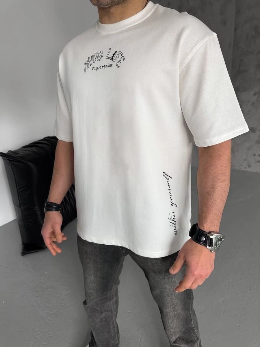 Fantastik Store Erkek Kısa Kol Tişört Bisiklet Yaka Filistin Poşulu Baskılı T-Shirt - Beyaz görsel 3
