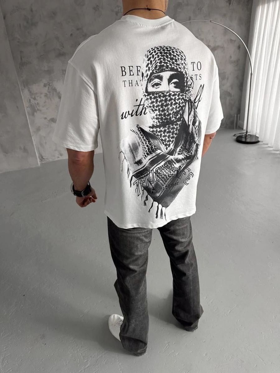 Fantastik Store Erkek Kısa Kol Tişört Bisiklet Yaka Filistin Poşulu Baskılı T-Shirt - Beyaz görsel 4
