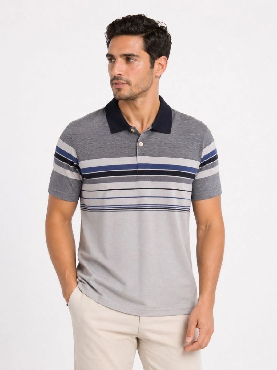 Fantastik Store Erkek Flamlı Penye Çizgili Polo Yaka Tişört Kısa Kol Yazlık T-Shirt - Gri