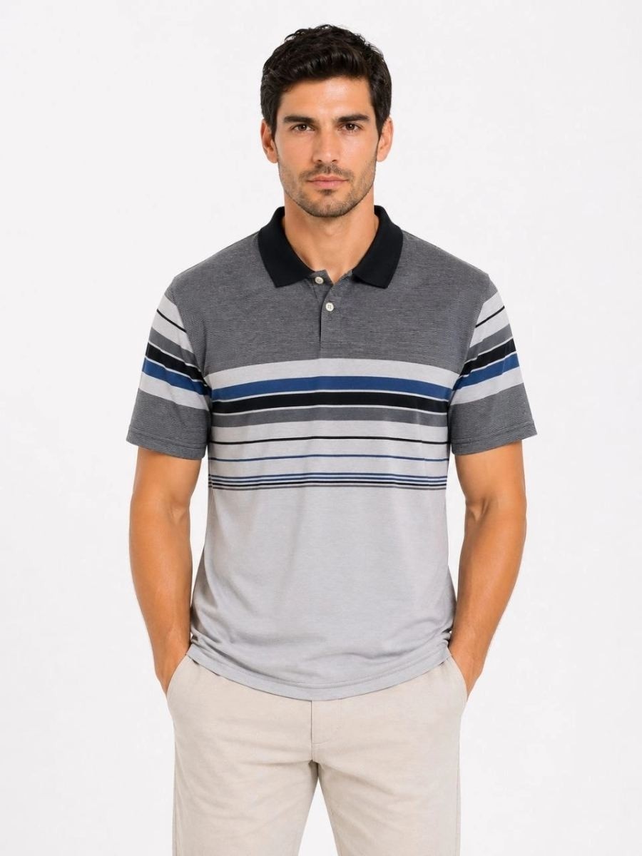 Fantastik Store Erkek Flamlı Penye Çizgili Polo Yaka Tişört Kısa Kol Yazlık T-Shirt - Gri görsel 2