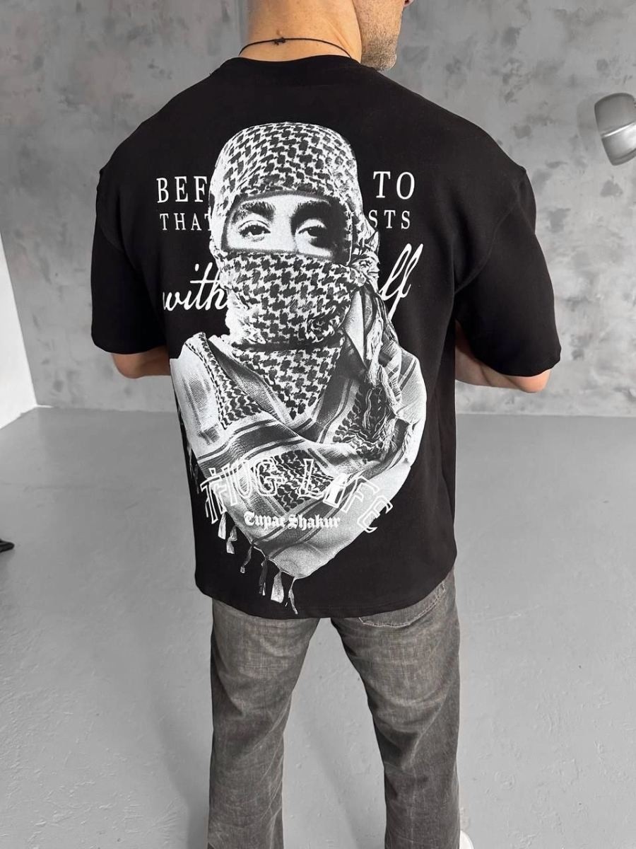 Fantastik Store Erkek Kısa Kol Tişört Bisiklet Yaka Filistin Poşulu Baskılı T-Shirt - Siyah