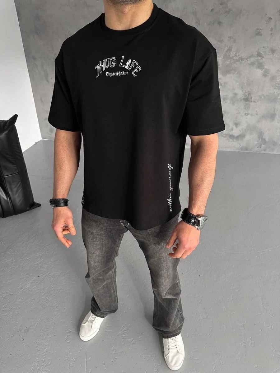 Fantastik Store Erkek Kısa Kol Tişört Bisiklet Yaka Filistin Poşulu Baskılı T-Shirt - Siyah görsel 2