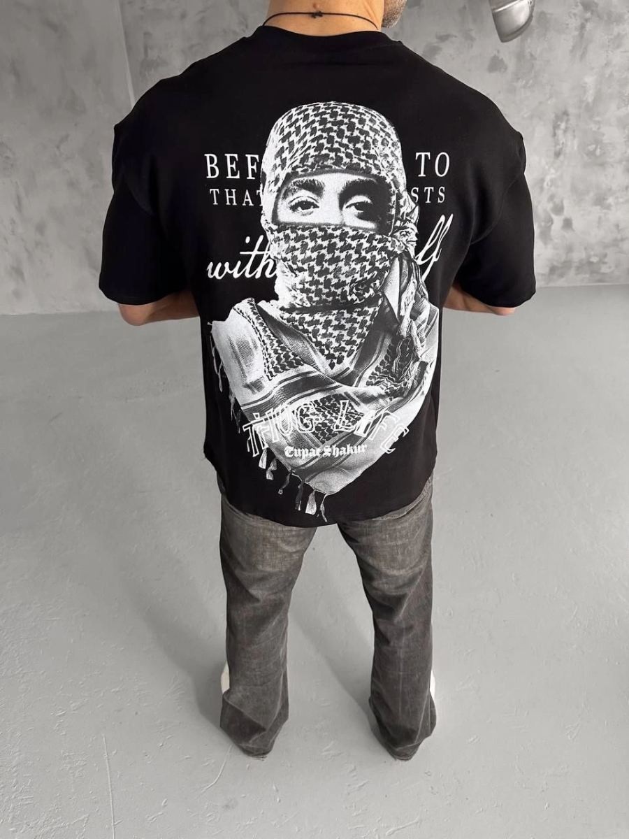 Fantastik Store Erkek Kısa Kol Tişört Bisiklet Yaka Filistin Poşulu Baskılı T-Shirt - Siyah görsel 4