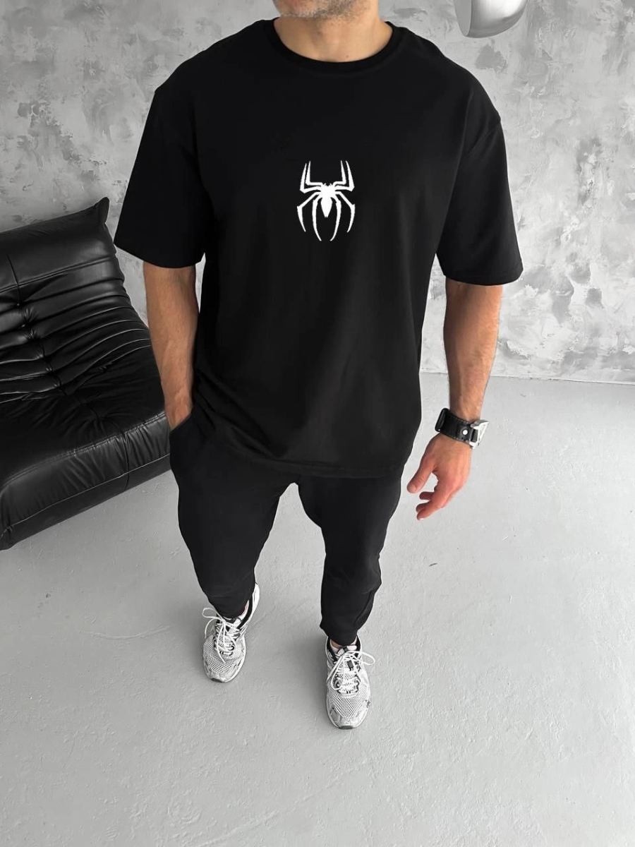 Fantastik Store Erkek Kısa Kol Tişört Bisiklet Yaka Örümcek Baskılı Oversize T-Shirt - Siyah