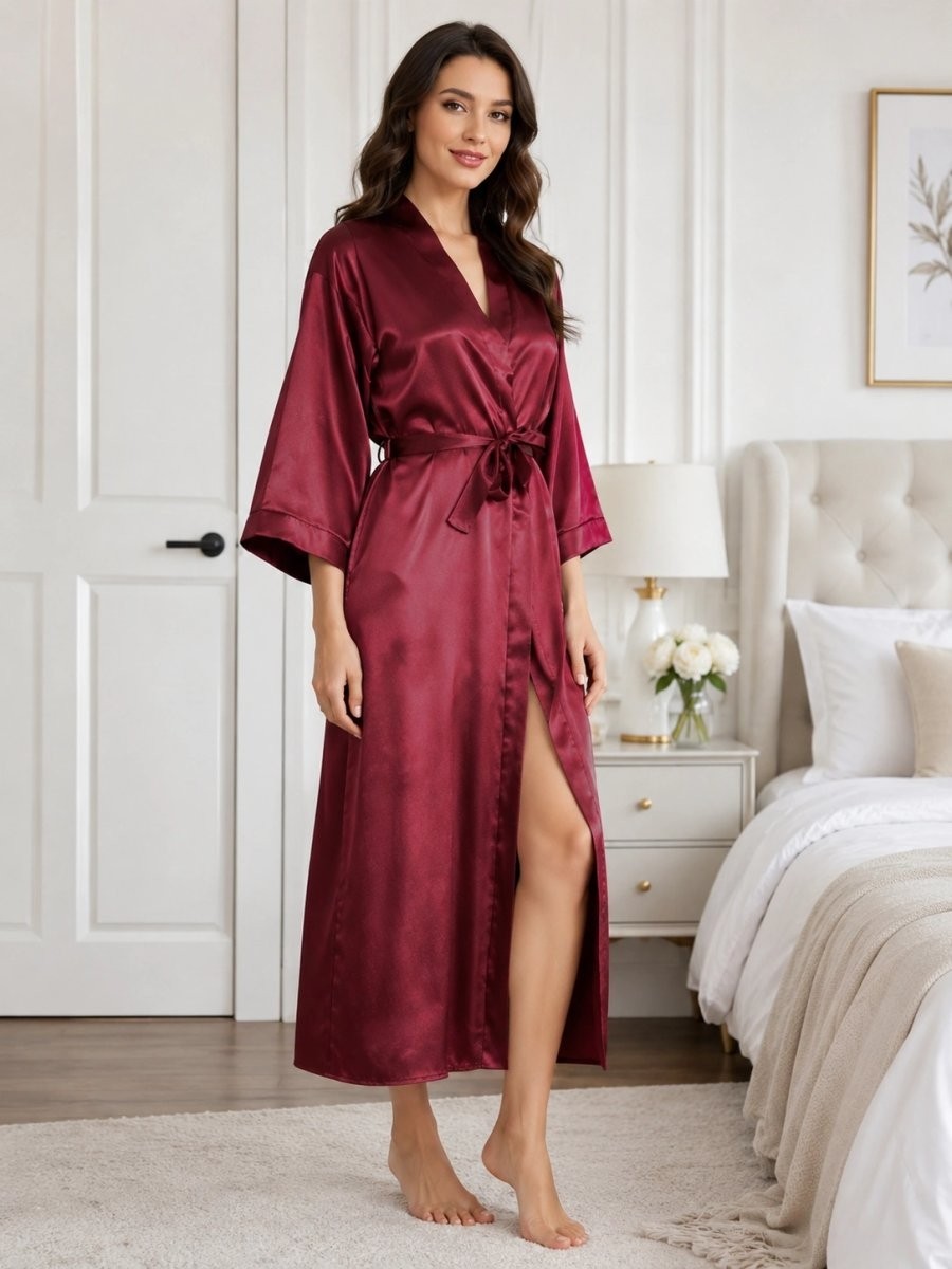 Beruflic Bordo Uzun Saten Sabahlık Zarif Kadın Ev Giyim Under Moda görsel 2