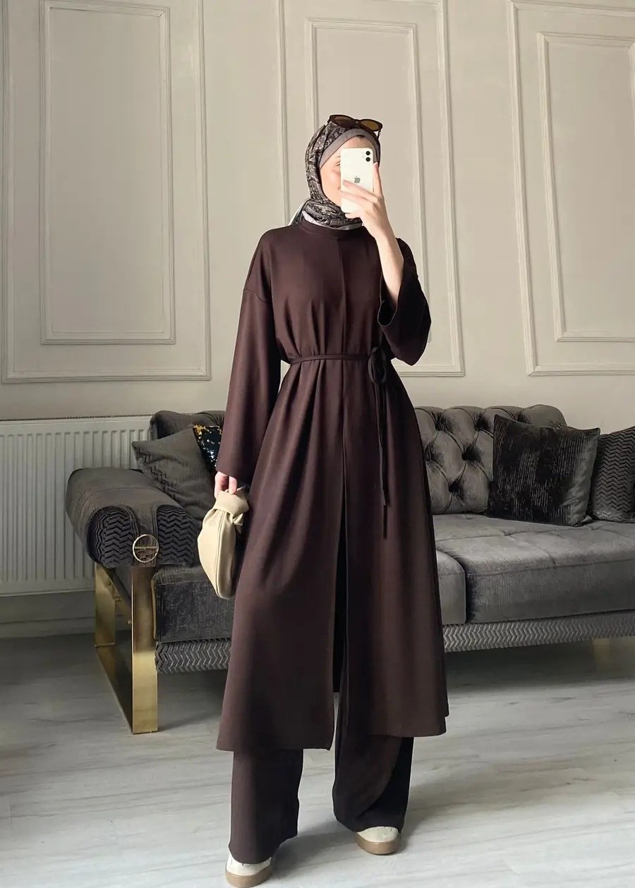 Miraydin Butik Kadın Yırtmaç Detaylı Uzun Pantolon Takım M62810 - Kahverengi görsel 8