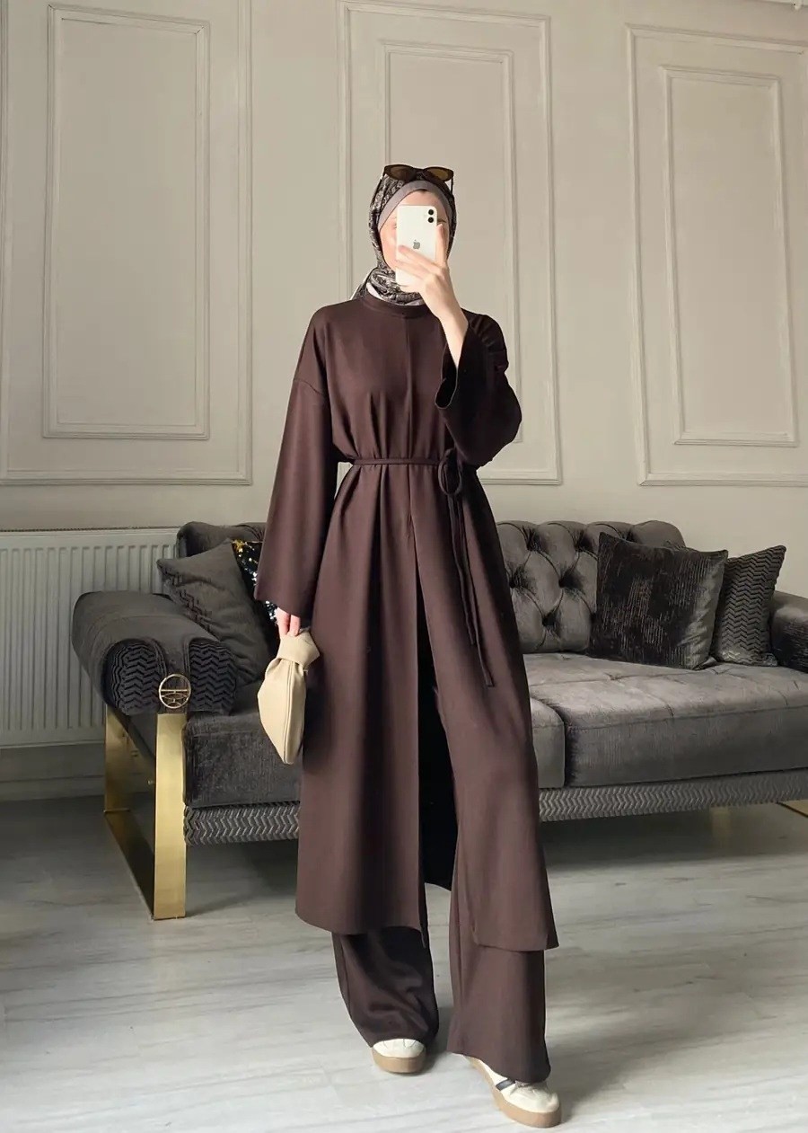 Miraydin Butik Kadın Yırtmaç Detaylı Uzun Pantolon Takım M62810 - Kahverengi