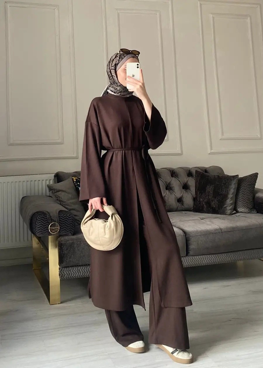 Miraydin Butik Kadın Yırtmaç Detaylı Uzun Pantolon Takım M62810 - Kahverengi görsel 6