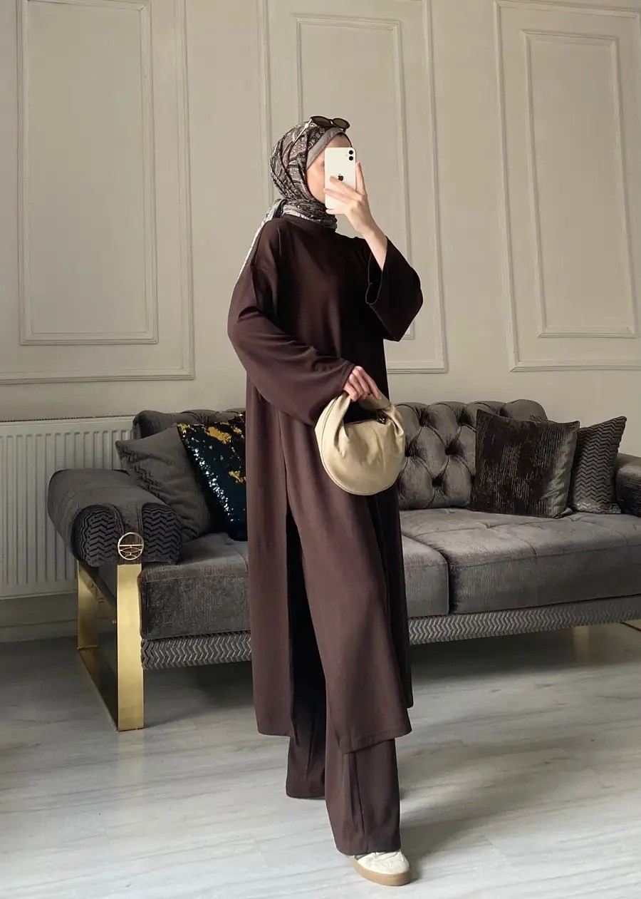 Miraydin Butik Kadın Yırtmaç Detaylı Uzun Pantolon Takım M62810 - Kahverengi görsel 7
