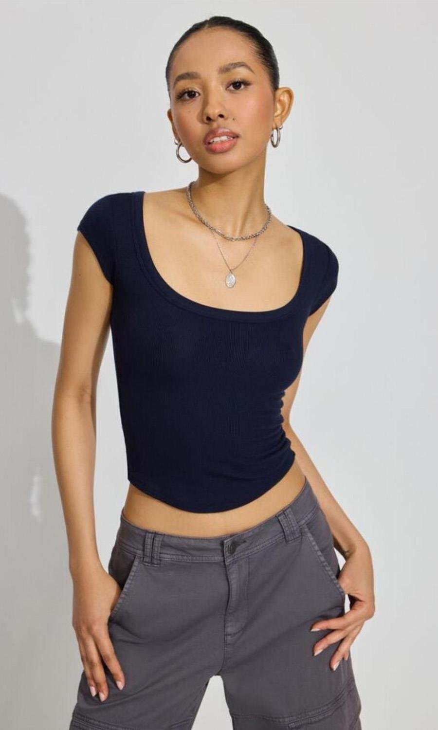 Madmext Gri Geniş Yaka Kadın T-Shirt MG2341 görsel 6