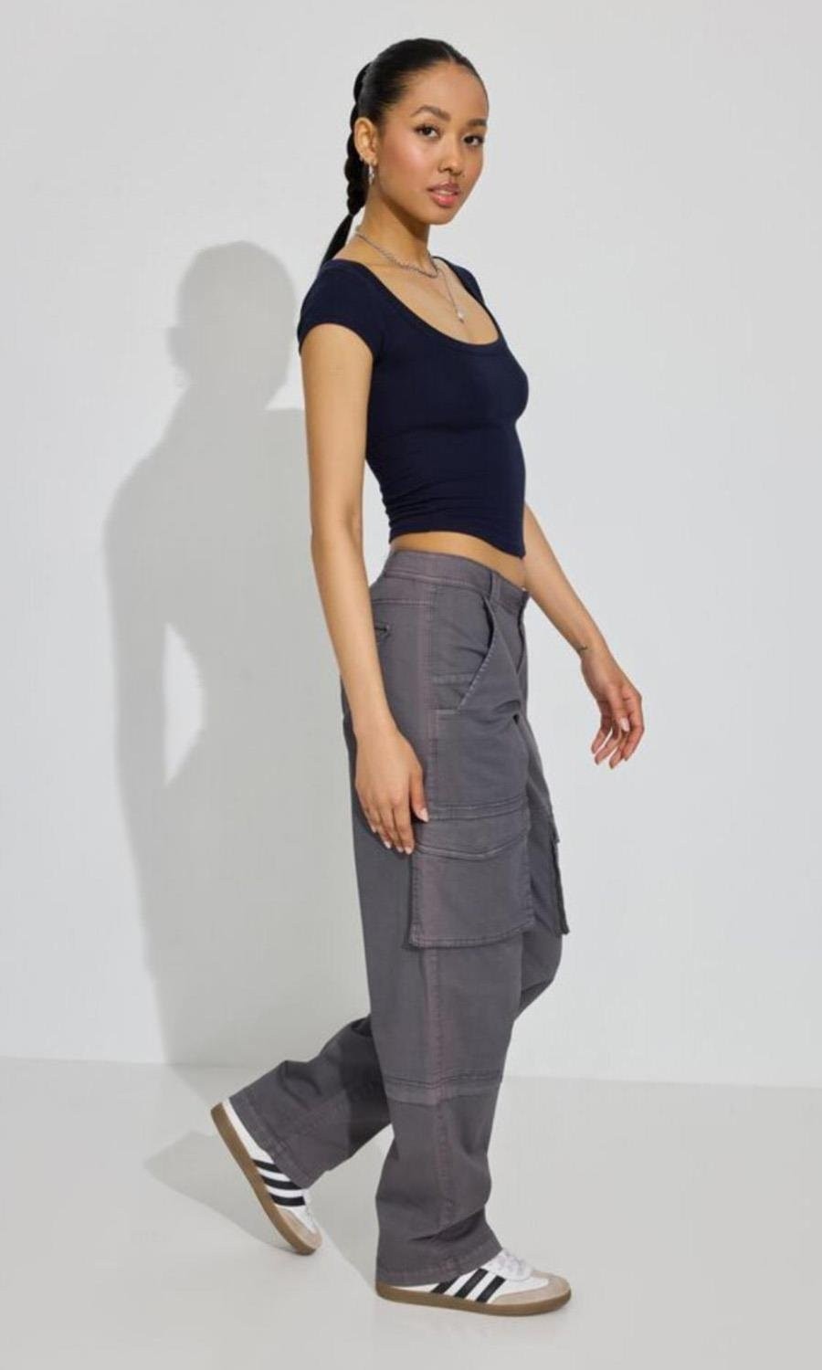 Madmext Gri Geniş Yaka Kadın T-Shirt MG2341 görsel 8