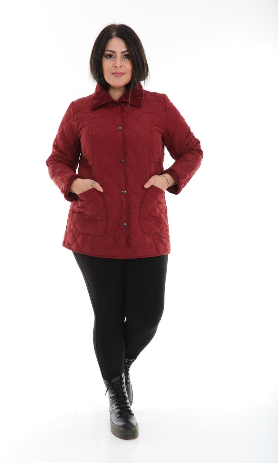 TUTveAL Collection Suya Dayanıklı,ithal Yumuşak Kürklü , Büyük Beden Kapitone Mont, Desenli ,bordo görsel 8
