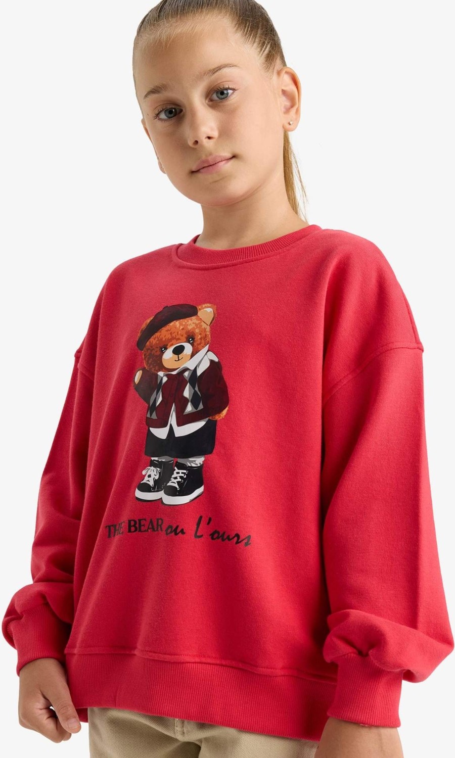 DeFacto Oversize Geniş Kalıp Bisiklet Yaka Baskılı Sweatshirt Kız Çocuk E7841A825AU