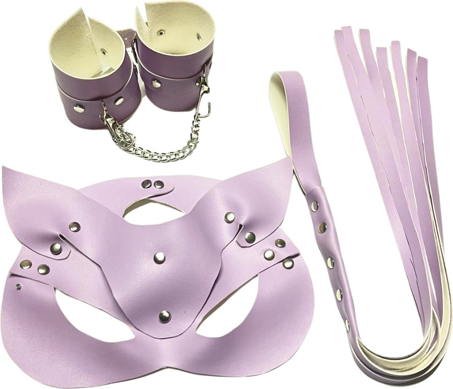 Yurt Marketing Fantezi Deri Seksi Lila Kedi Maske Kelepçe Kırbaç Seti ( 3 Lü Set) TG275370