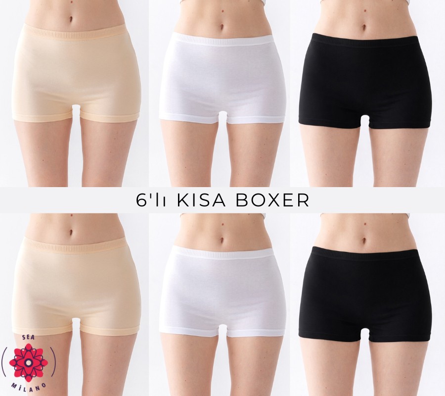 Sea Milano Kadın Boxer Külot 6'lı Pamuklu Likralı Yüksek Bel (Siyah Beyaz Ten Her Renk 2 Adet) Iç Çamaşır