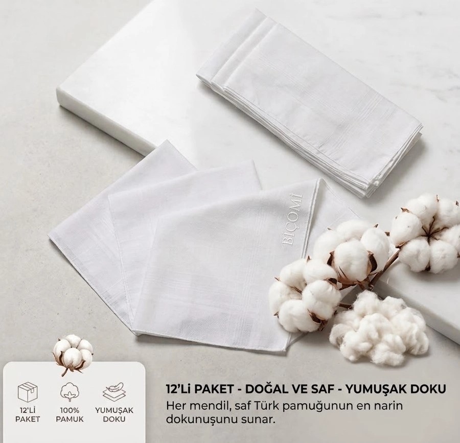 Biçomi 12'li Paket %100 Pamuklu Yumuşak & Emici Hijyenik Beyaz El ve Cep Kumaş Mendil Seti (39X39 Cm)