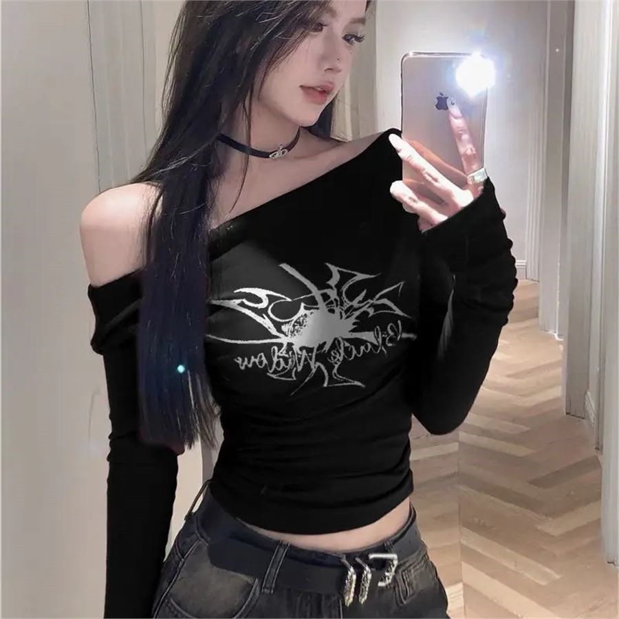 Köstebek Siyah Black Widow Omuzu Açık Spider Uzun Kollu Crop