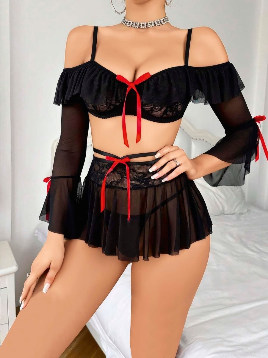 İkikareshop Kadın Siyah Etek Bustiyer Sexy Gecelik Takım 3831