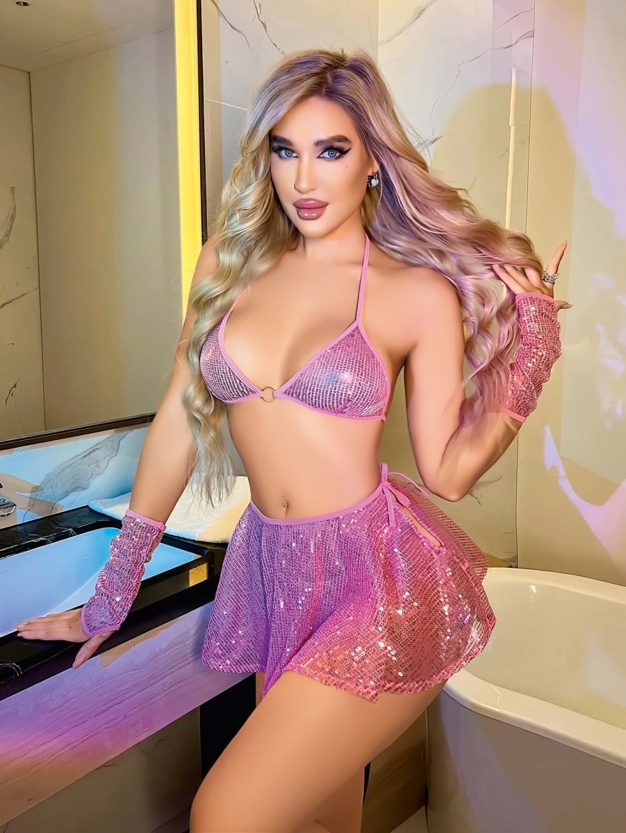 Melonika Pembe Parlak Işıltılı Fantezi Etekli Sütyen Takımı görsel 2
