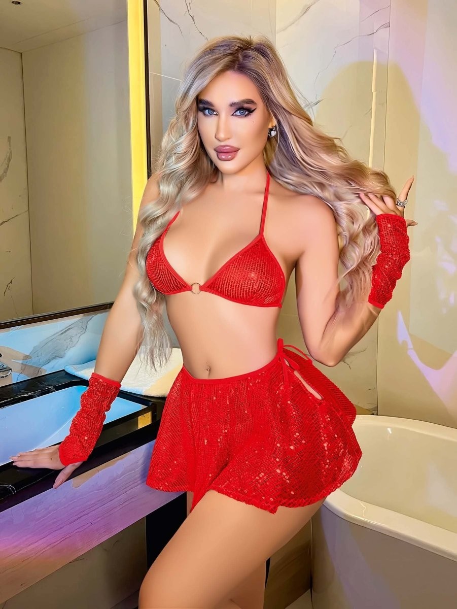 Melonika Kırmızı Parlak Işıltılı Fantezi Etekli Sütyen Takımı