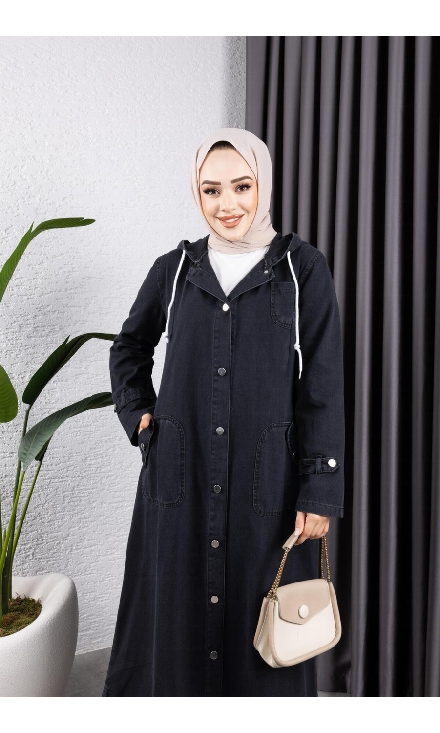 Harman Butik Kadın Cepli Gri Kapüşonlu Denim Trençkot Düğmeli Tasarım ile Modern ve Şık görsel 5