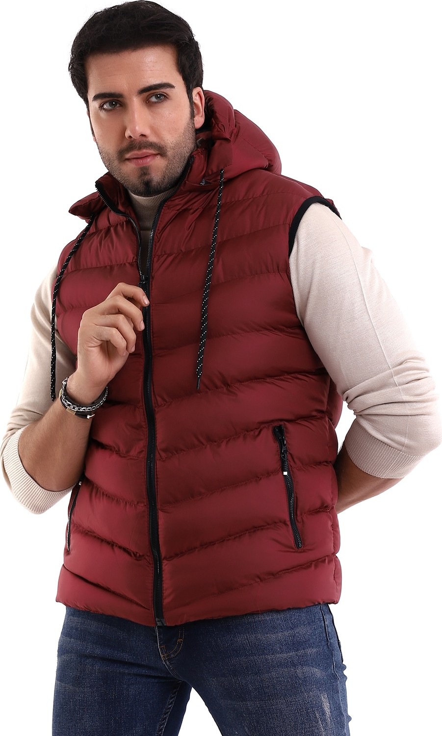 B HE Z Erkek Jel Dolgulu Çapraz Model Çıkarılabilen Kapşon Yanlardan Cepli Iç Cepli Şişme Yelek Bordo görsel 2