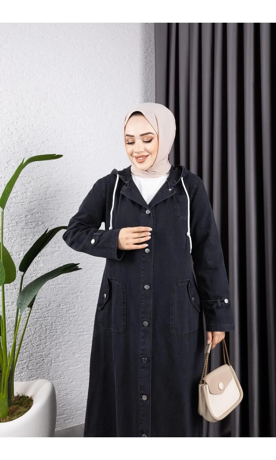 Harman Butik Kadın Cepli Gri Kapüşonlu Denim Trençkot Düğmeli Tasarım ile Modern ve Şık görsel 7