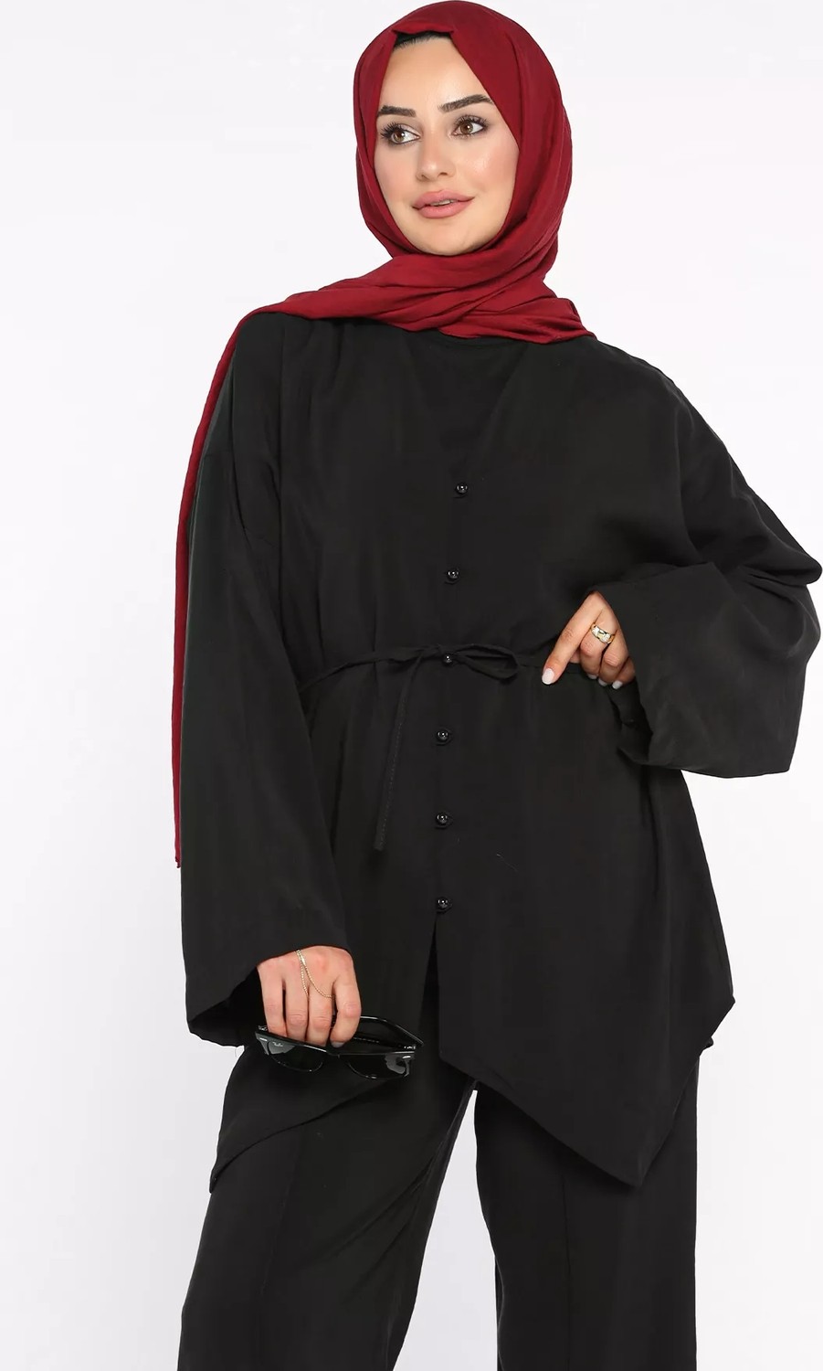 Julude Bel Lastikli Çimalı Pantolon Bağlama Detaylı Tunik Tesettür Ikili Takım P-00022704 görsel 2