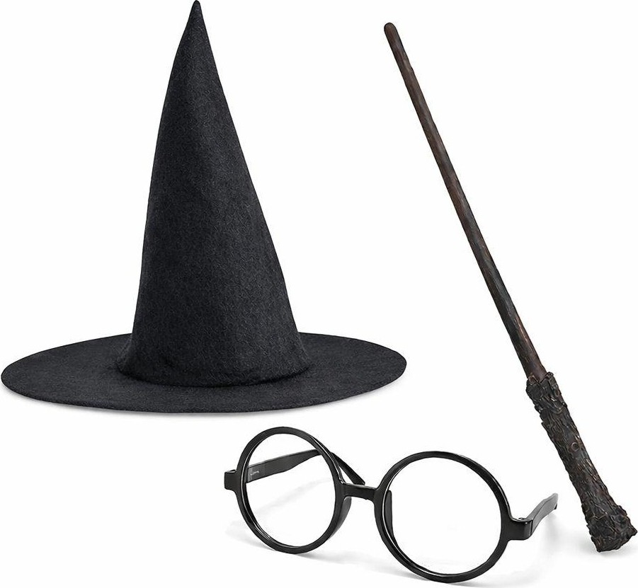 Die Grup Harry Potter Tarzı Çocuk Seti - Siyah Keçe Şapka, Asa, Gözlük