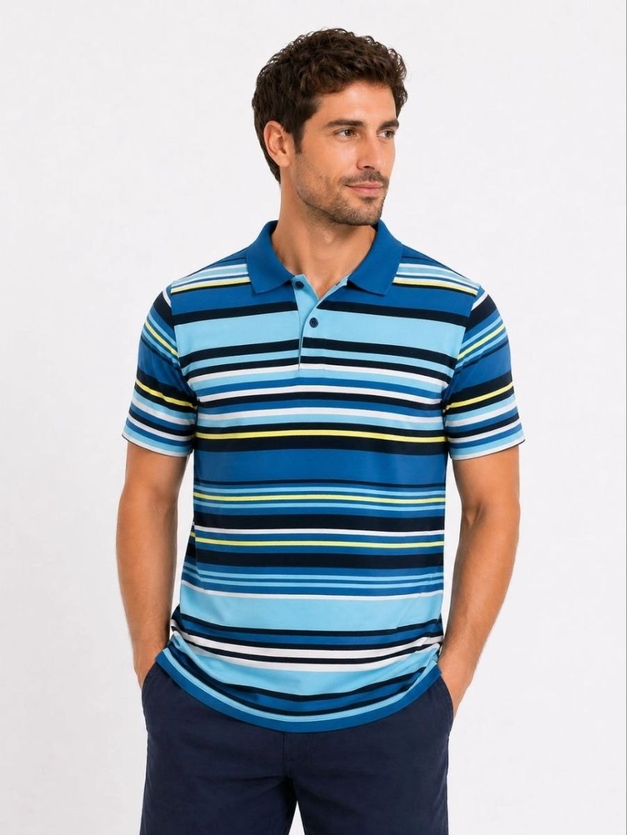 Fantastik Store Erkek Çizgili Polo Yaka Tişört Kısa Kol Yazlık T-Shirt Regular Fit - Mavi