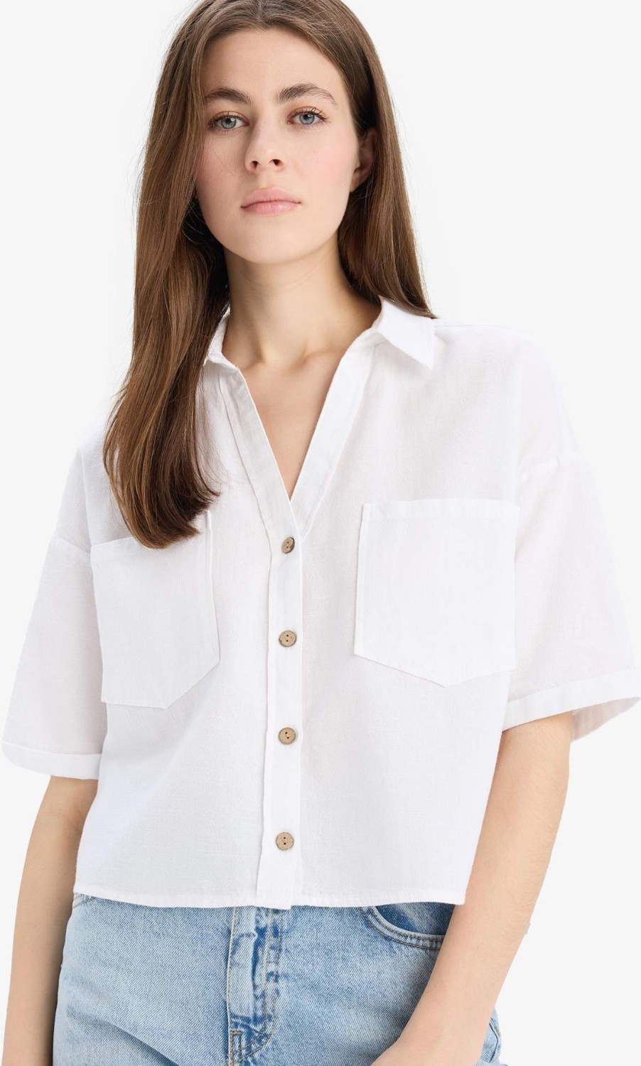 DeFacto Keten Karışımlı Boxy Fit Cepli Basic Gömlek V2523AZ25SP