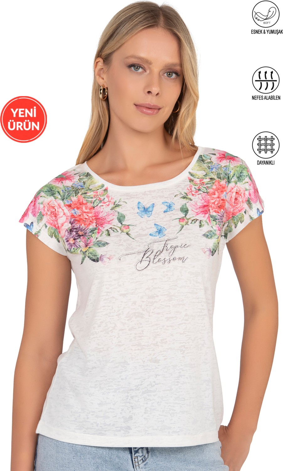 Özkan Underwear Özkan 27468 Kadın Premium Kumaş Önü Baskılı Likralı Örme Bluz