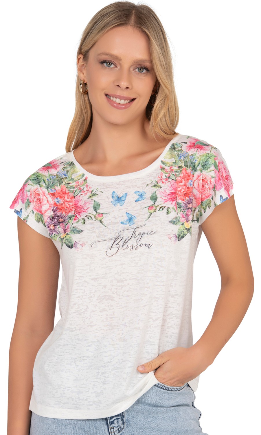 Özkan Underwear Özkan 27468 Kadın Premium Kumaş Önü Baskılı Likralı Örme Bluz görsel 5