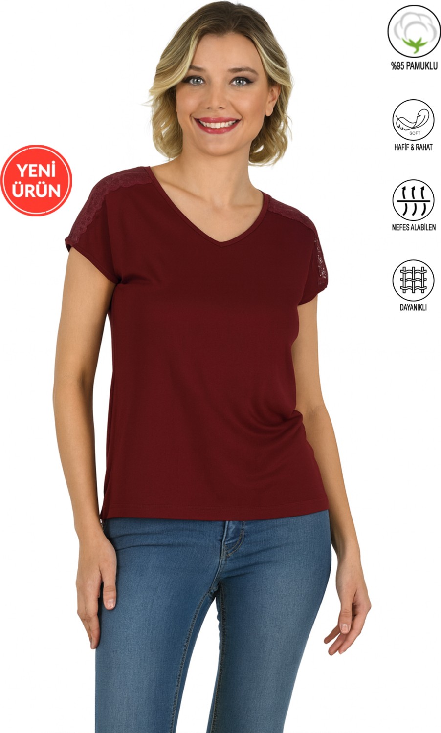 Özkan Underwear Özkan 25465 Kadın Bordo Vorteks Viskon Premium Kumaş Likralı Omzu Dantel Detaylı Örme Bluz