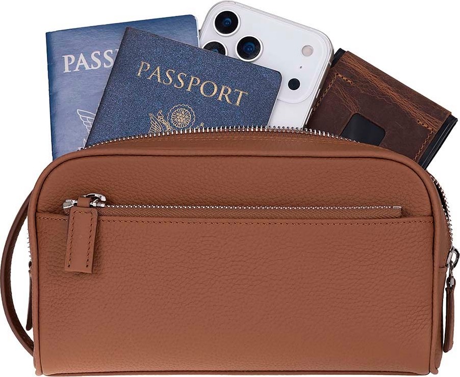 BloominBag Mıren Cognac Tan Hakiki Deri Unisex Seyahat Bakım & Organizer Clutch Çanta görsel 6