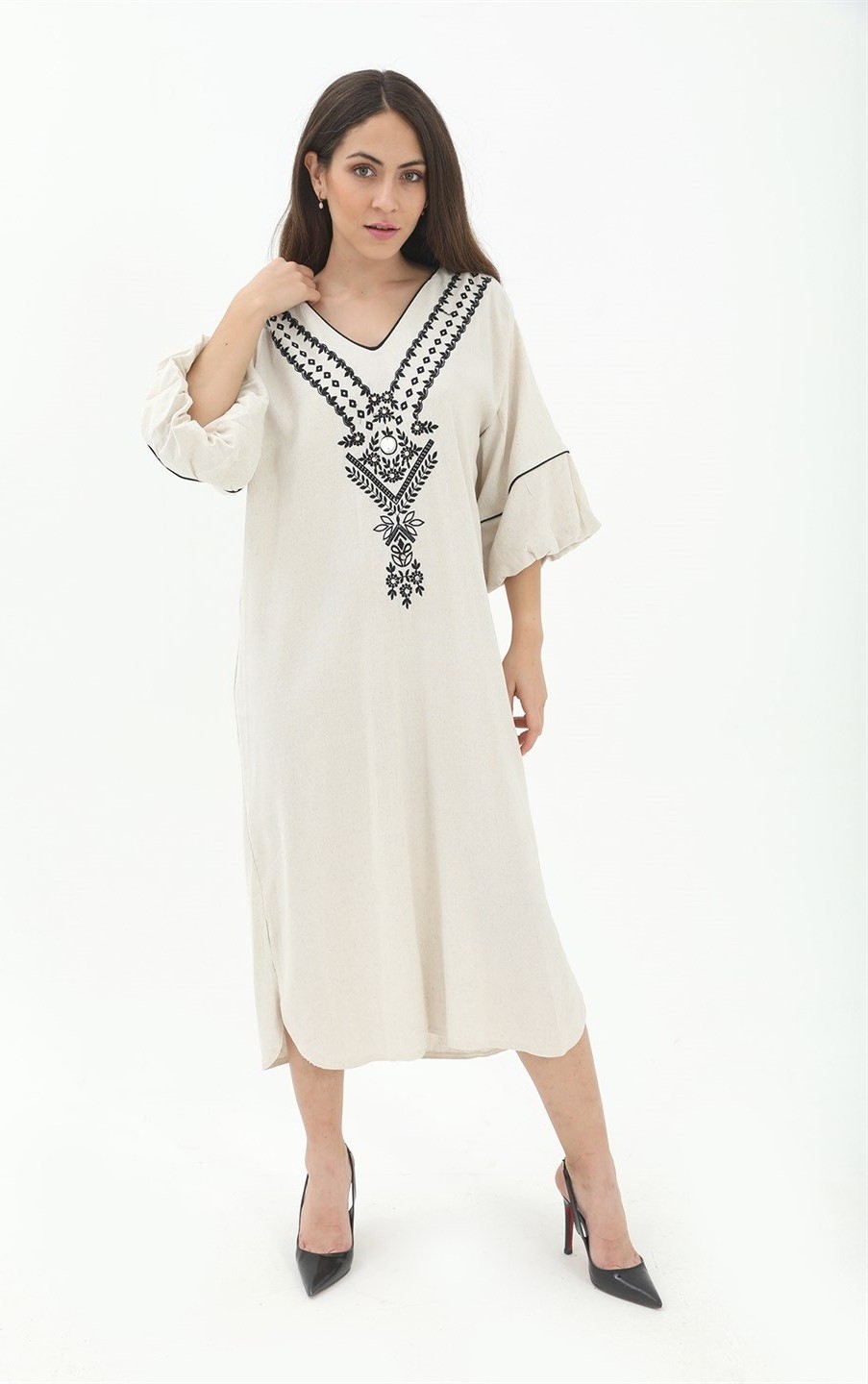 Isawella Balon Kol Nakışlı Kimono - Taş görsel 3