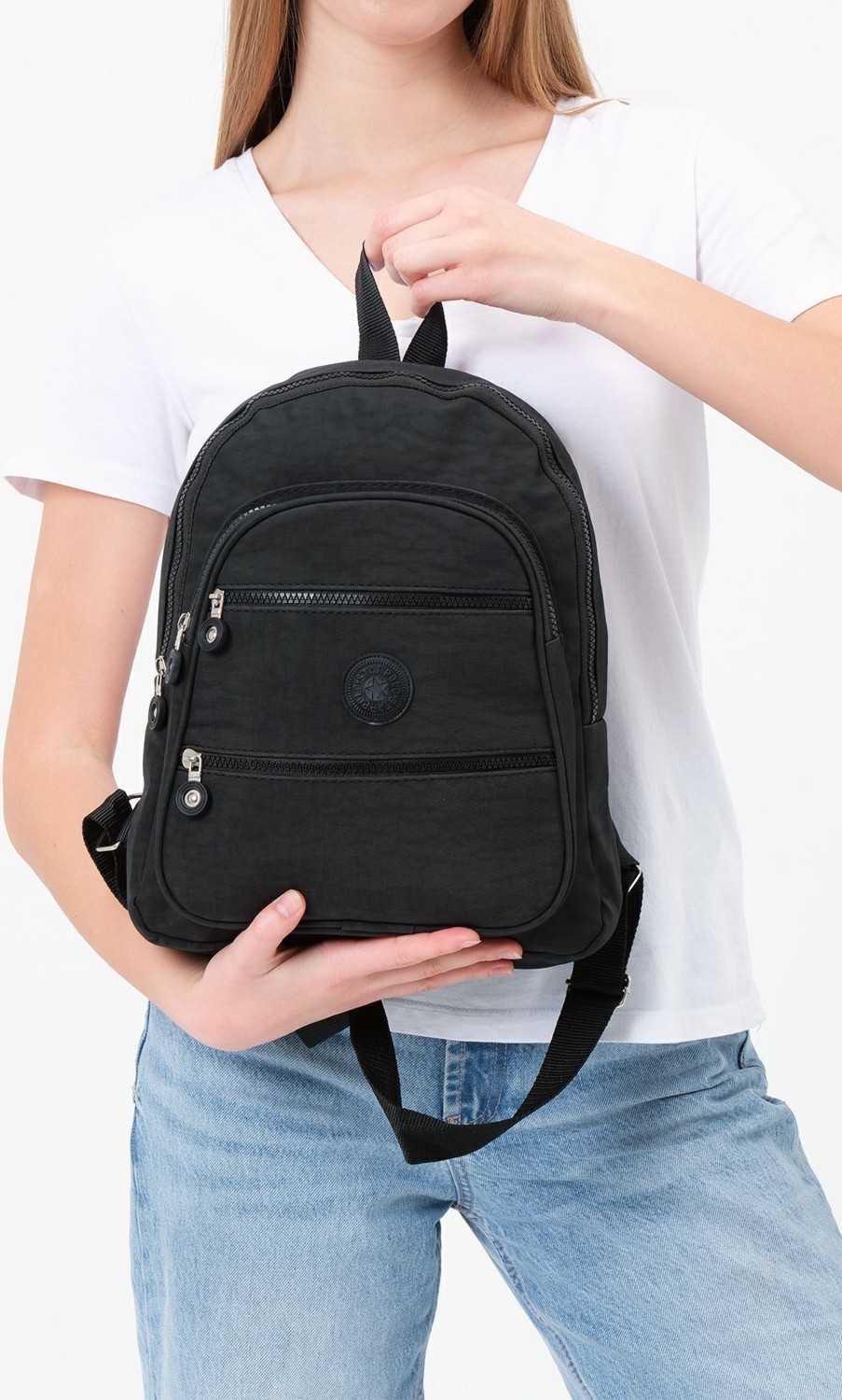 Av A Dos Krinkıl Suya Dayanıklı Kumaş Unisex Siyah Sırt Çantası Günlük Orta Boya Çok Bölmeli görsel 5
