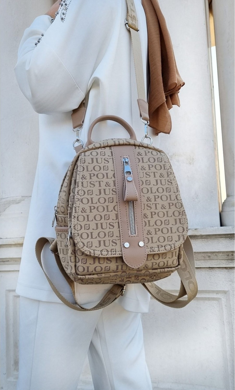 Just Polo Kadın Lacivert Monogram Baskılı Sırt ve Omuz Çantası Günlük Kullanım Için