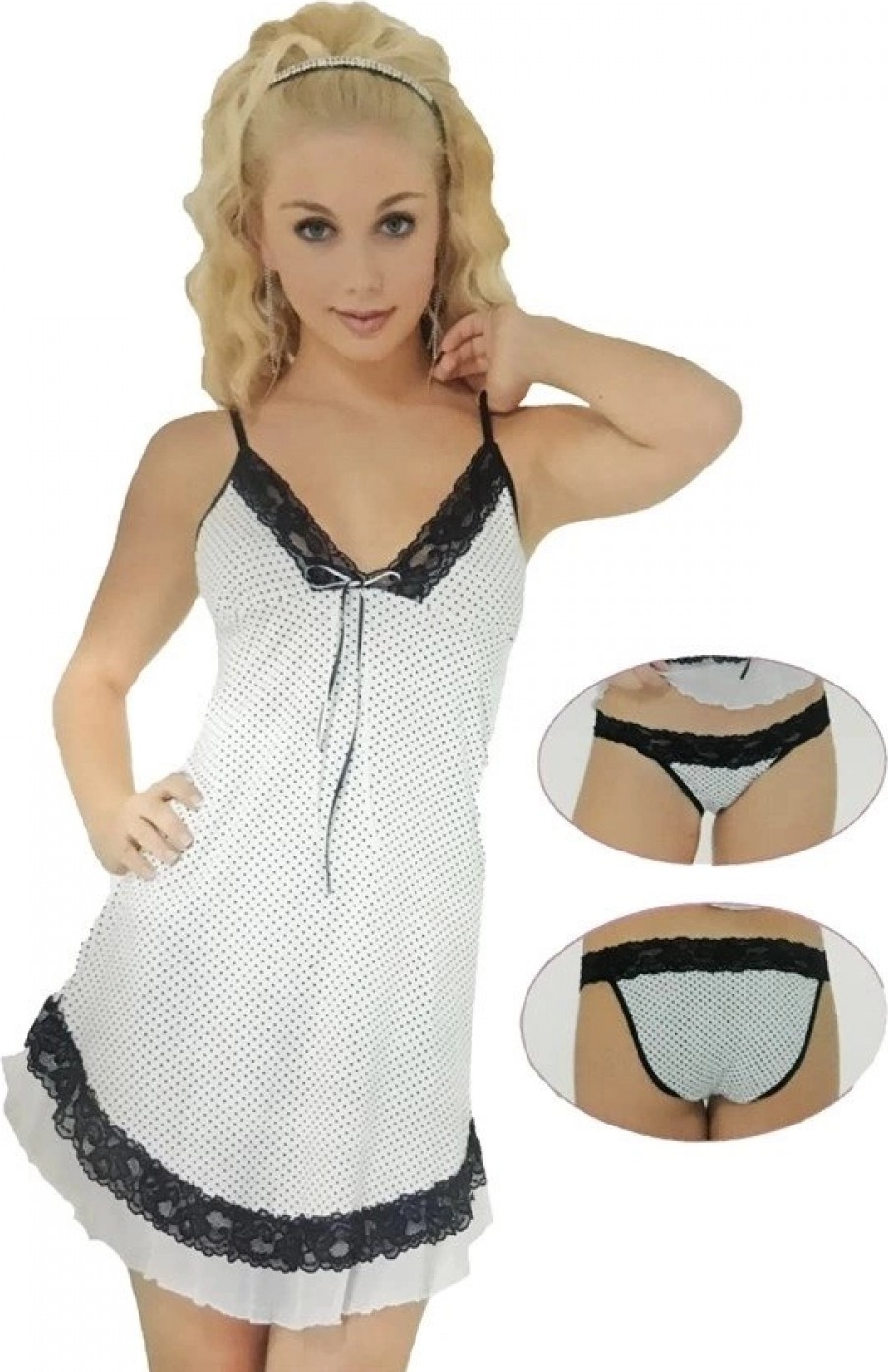Pileli Store Pınar Beyaz Puantiyeli Gecelik ve Külottakımı görsel 2