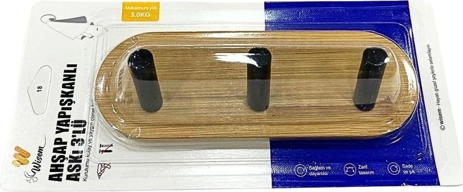 Just Cheap Store 3'li Ahşap Yapışkanlı Askı