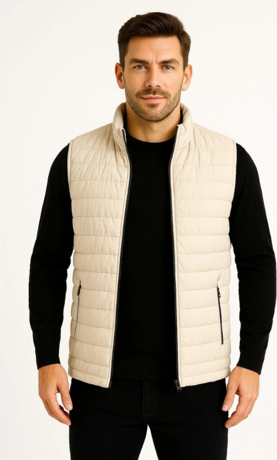 Pileli Store Erkek Şişme Fermuarlı Yelek Su Itici Kapitone Astarlı Kumaş Cepli Hafif Kışlık Spor Rahat Kalıp -Bej görsel 4