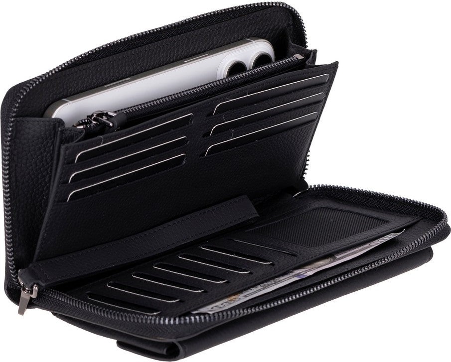 BloominBag Bloomporter Shadow Black Hakiki Deri Telefon Bölmeli Cüzdan görsel 2