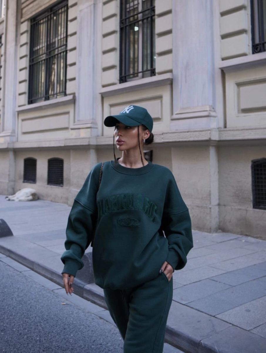 Fantastik Store Kadın Bisiklet Yaka Nakış Işlemeli 3 Iplik Pamuklu Sweat Alt-Üst Takım - Yeşil görsel 4