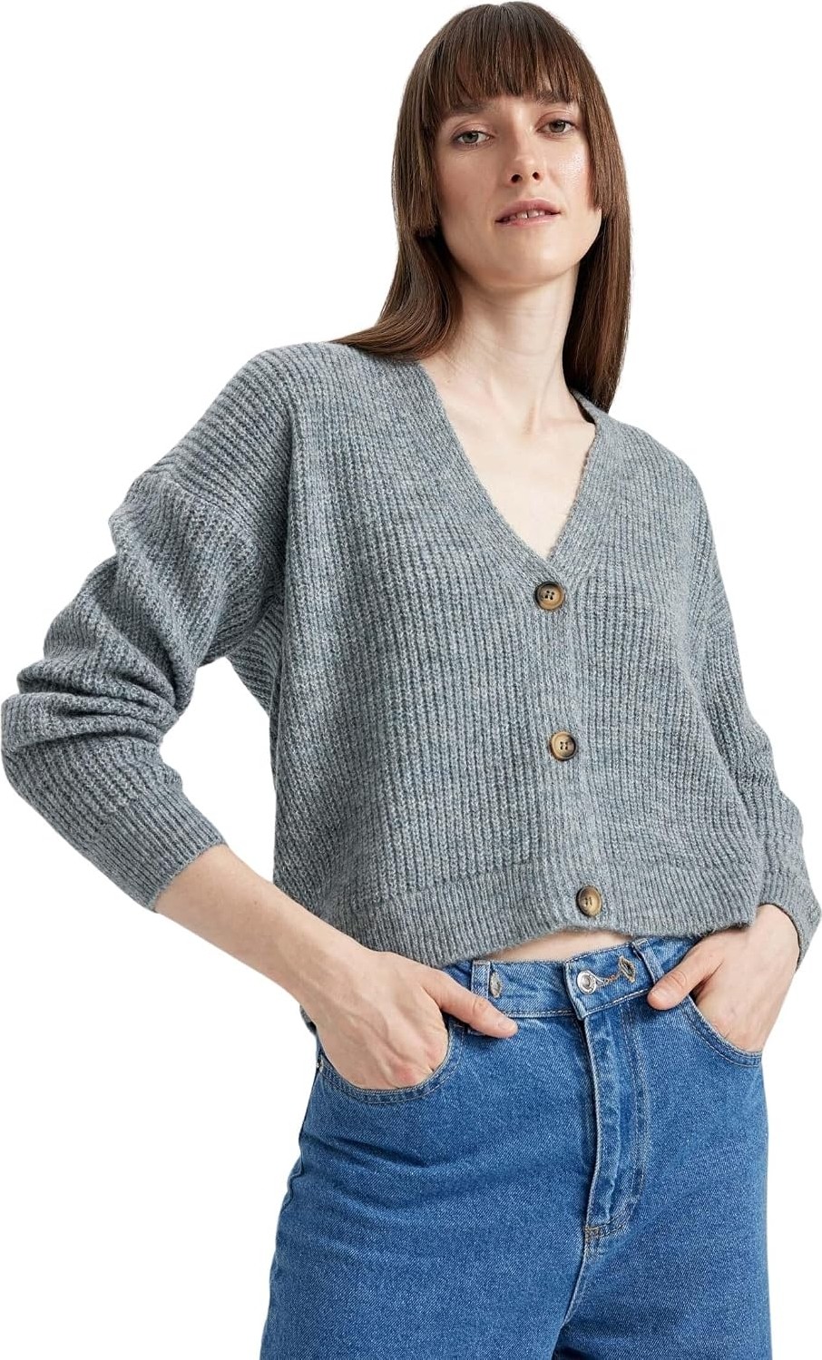 Happy Trend Defacto Kadın Regular Fit V Yaka Selanik Kumaş Hırka