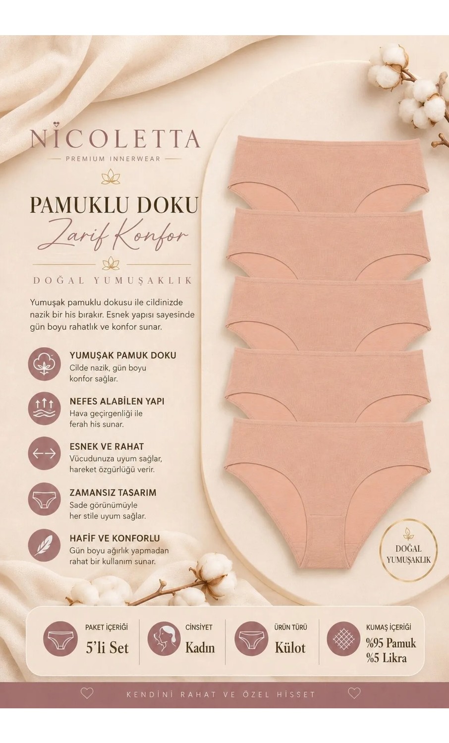 Nicoletta Kadın Külot Yüksek Bel Bikini 5 Li Paket Pamuklu Likralı Somon görsel 8