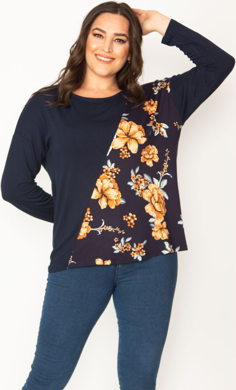 Şans Kadın Lacivert Çieçk Desenli Bisiklet Yaka Tunik 65N30415 görsel 4