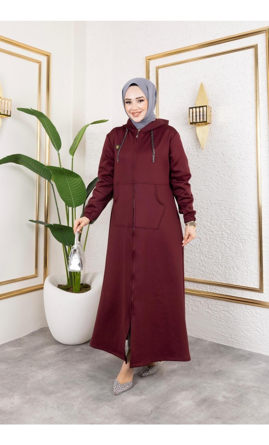 Harman Butik Kadın Cepli Kapüşonlu Zincir Detaylı Scuba Kumaş Kap görsel 7