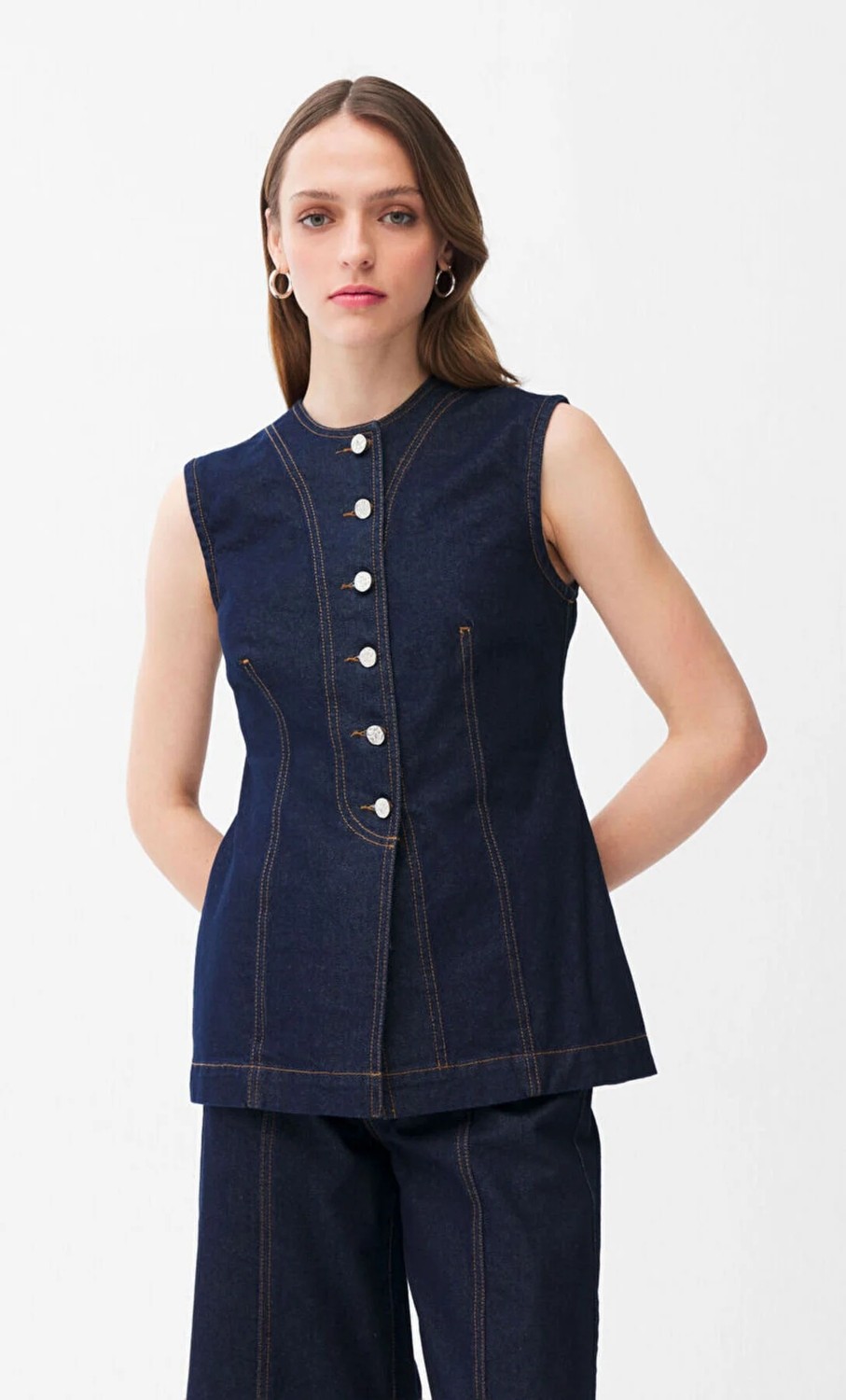adL Dikiş Detaylı Denim Yelek Lacivert 17946651000