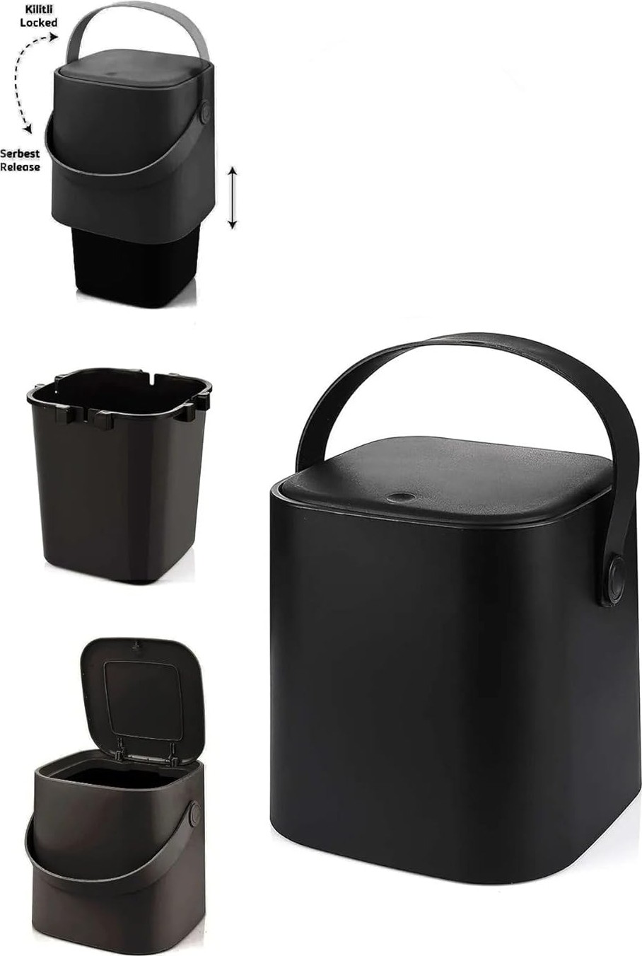 Özkaya Store Tutma Saplı Iç Kovalı Tezgah Üstü Mutfak Çöp Kovası, 4 Litre, Kilitli Kapak, Click Kapak, 20X20X22 Cm, Siyah görsel 3